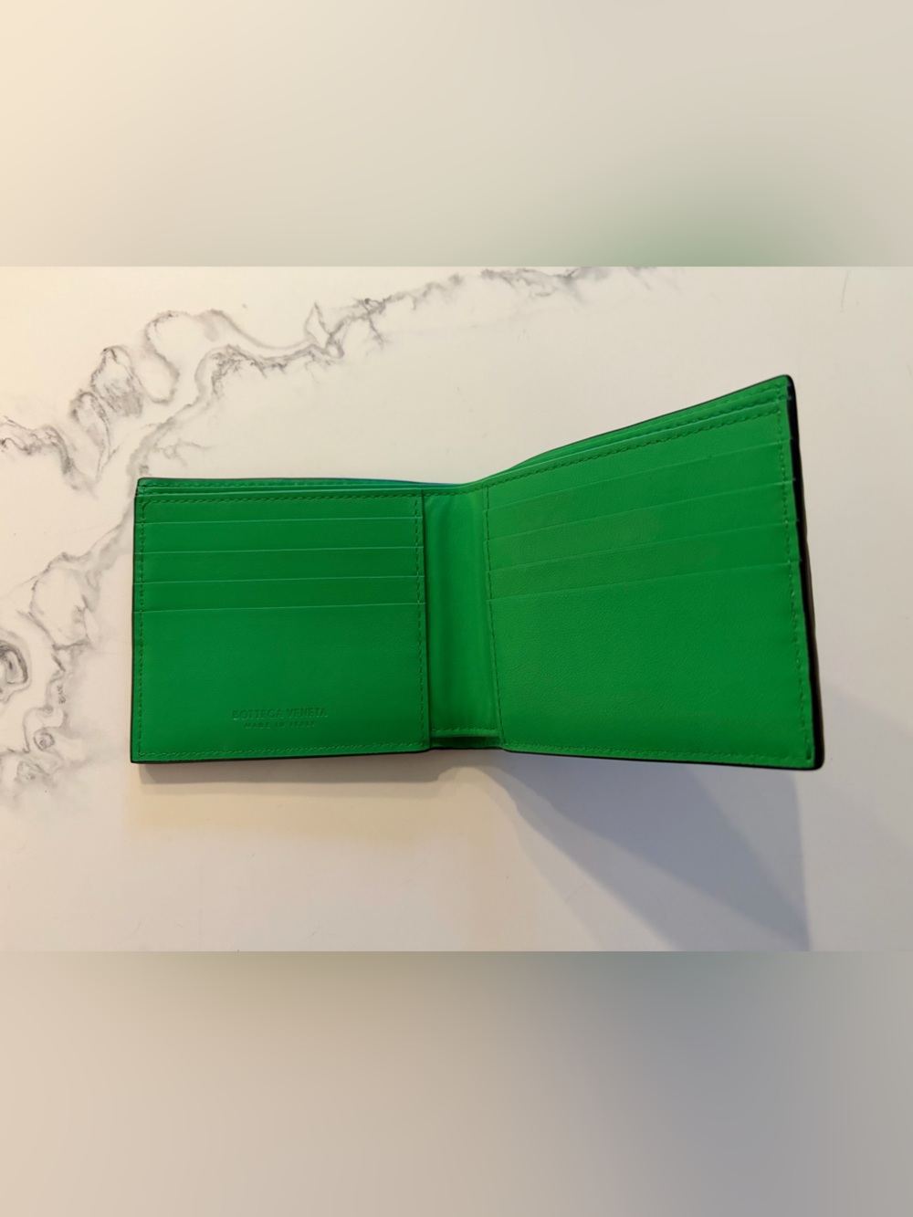 Bottega Veneta black and green Leather Bi-Fold Card Wallet